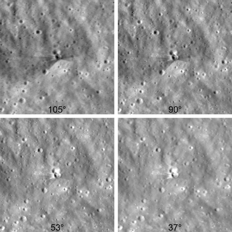 Collected Aug. 11 and 12 by NASA’s Lunar Reconnaissance Orbiter, these images were taken from different angles, with the lighting from the sun gradually changing. Each image shows an area of the moon about 1,000 feet wide.
