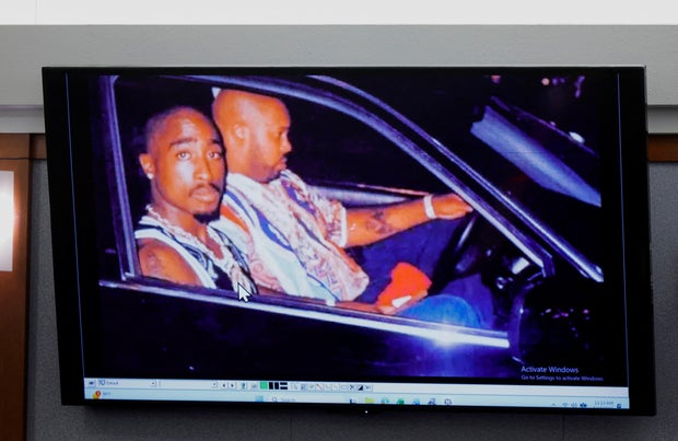 A 1996 photo of rapper Tupac Shakur, left, and Marion "Suge" Knight is displayed during the Duane Davis murder trial at Clark County District Court Regional Justice Center in Las Vegas, Nevada, Aug. 17, 2026. 