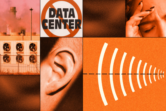 A photo illustration that shows a data center billowing smoke, a "No data center" sign, an ear, a hand placed on someone's head indicating a headache, and curved lines indicating volume level