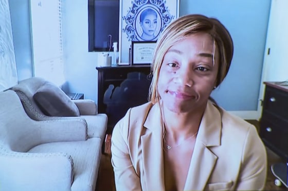 Tiffany Haddish appears via Zoom during her DUI trial on Tuesday in Fayetteville, Ga.