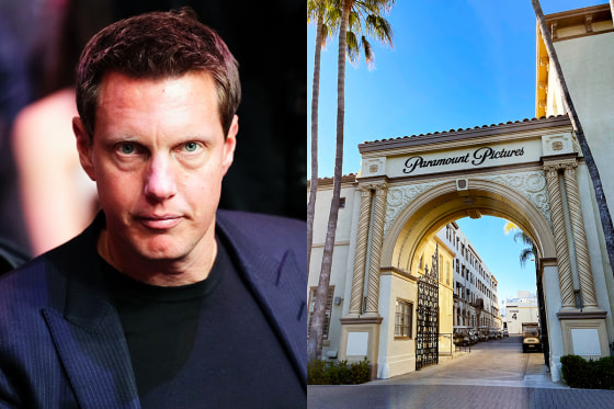A split composite image with David Ellison, left, and the archway for Paramount Pictures studio lot