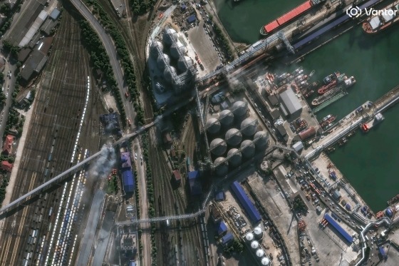 Satellite imagery taken Wednesday appears to show damaged port infrastructure following a Ukrainian drone and missile attack on Novorossiysk, Krasnodar region, Russia.