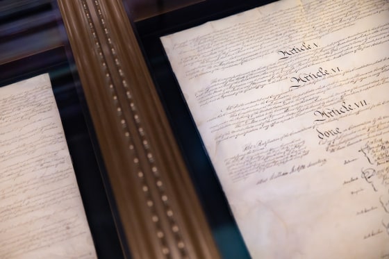 Constitutuion Article V on display at Archives inside of a display case