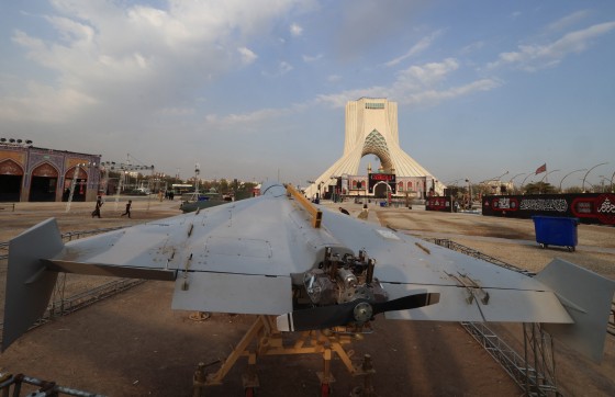 An Iranian-made drone is displayed at Azadi Square in Tehran.