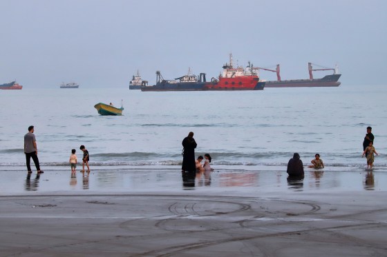 People stand by the beach where commercial vessels are seen in the horizon.