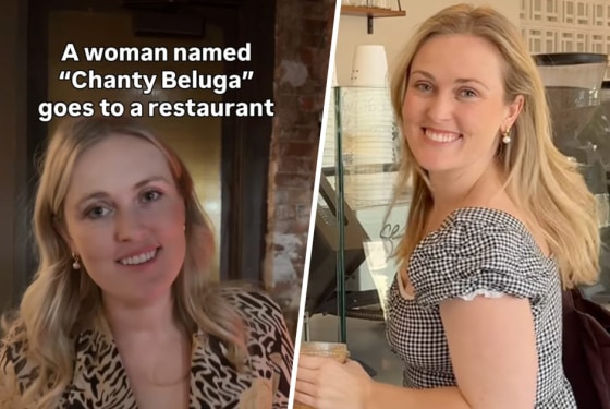 A split composite image show two photos of Courtney O’Donnell, and text overlays the image on the left that reads "A woman named 'Chanty Beluga' goes to a restaurant"