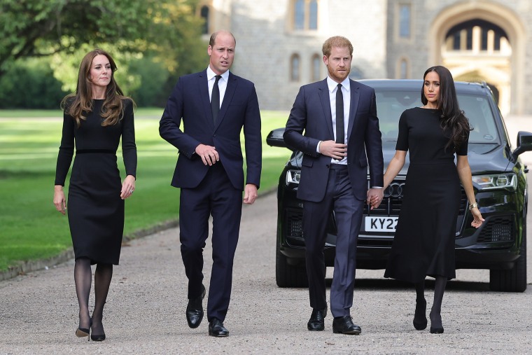 The Prince and Princess of Wales Accompanied By The Duke And Duchess Of Sussex Greet Wellwishers Outside Windsor Castle