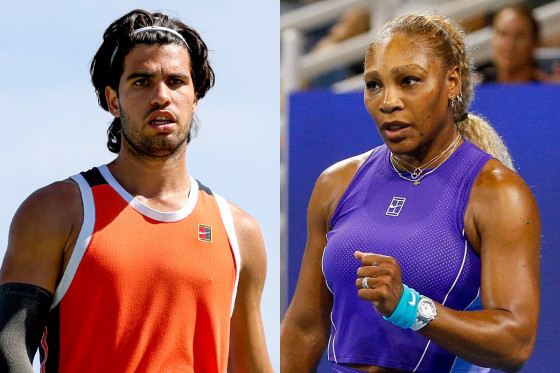 A split composite of Carlos Alcaraz and Serena Williams.