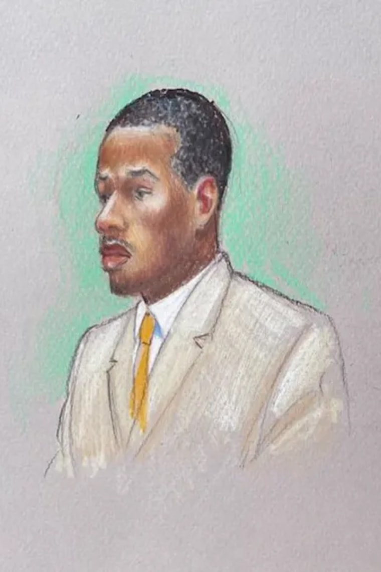 A courtroom illustration of Karmelo Anthony, wearing a gray suit and yellow tie.