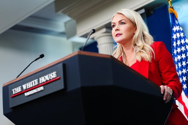 White House press secretary Karoline Leavitt speaks with reporters at the White House, July 23, 2026, in Washington. 