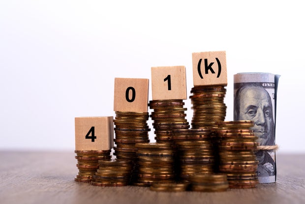401(k) Word on Wood Block with Stack of Coins 