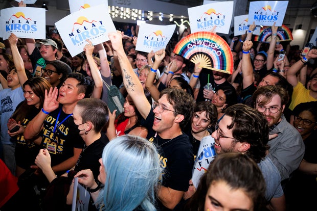 Supporters of Melat Kiros, a democratic socialist, celebrate her victory at an election-night watch party on June 30, 2026 in Denver, Colorado. 
