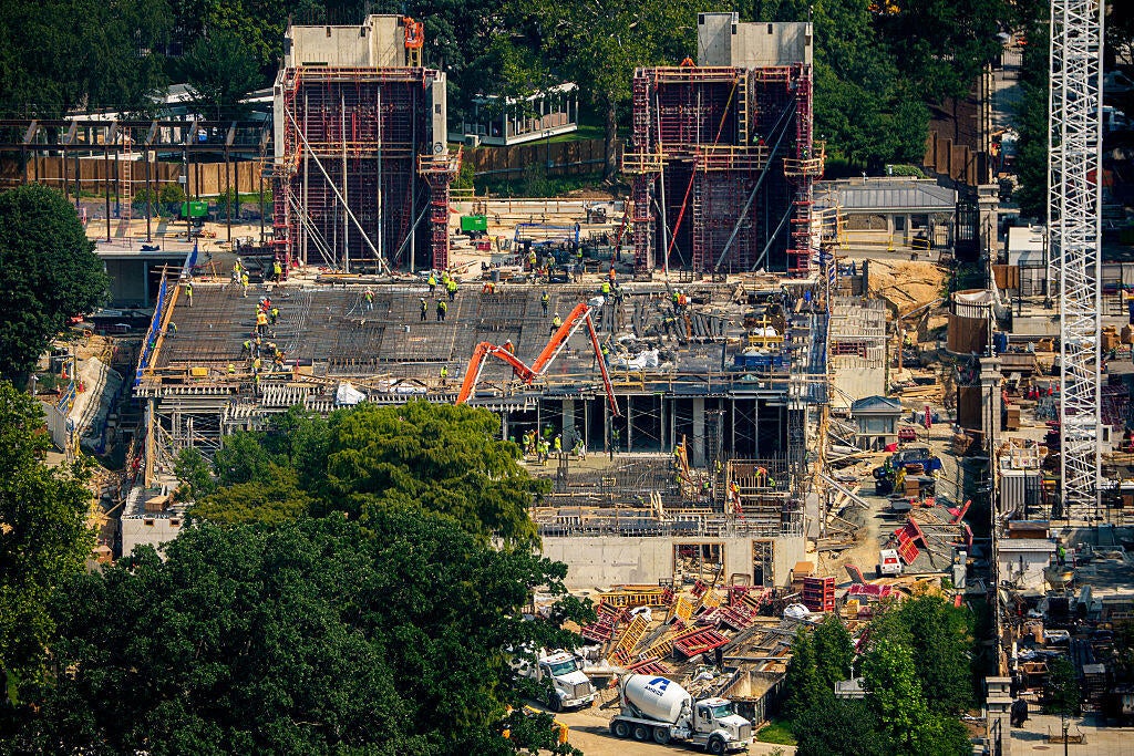 Construction continues on the East Wing ballroom at the White House on Aug. 10, 2026, in Washington, D.C. 