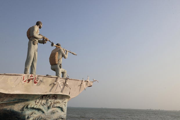 A sculpture overlooking the Strait of Hormuz is seen along the seafront in the port city of Bandar Abbas, in southern Iran, on Aug. 10, 2026. 